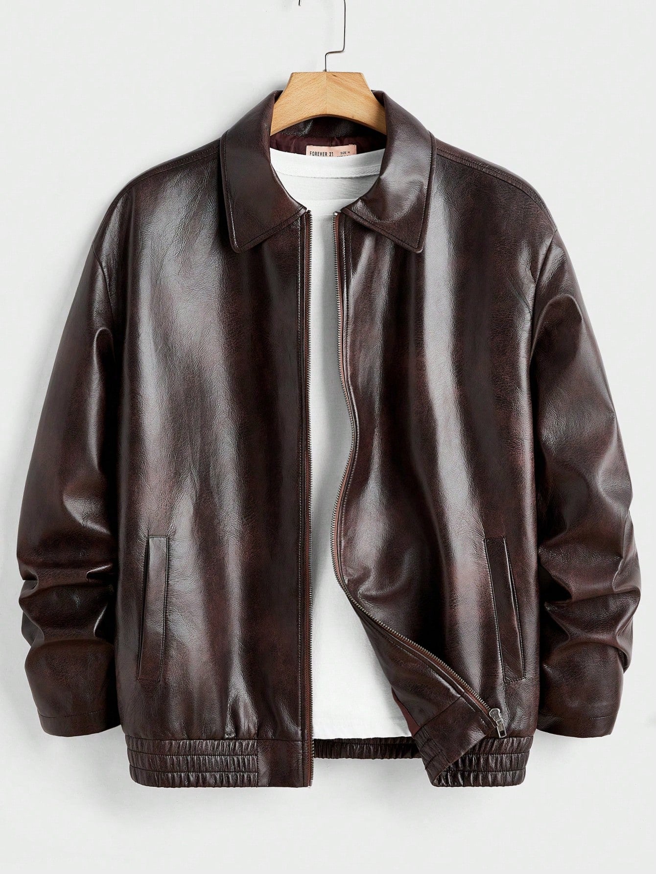 Forever 21 Men's Zipper Pocket Casual Jacket, Faux Leather, Minimalist & Fashionable For Daily Wear Brown