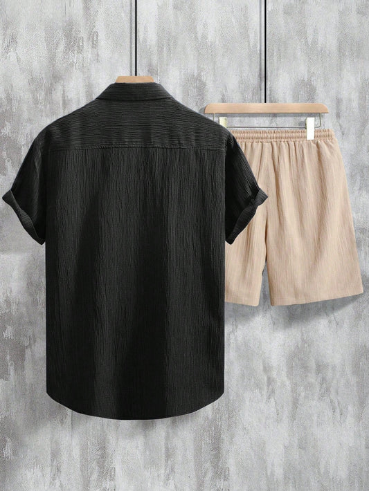 Manfinity RSRT Men's Solid Color Short Sleeve Button-Down Shirt And Drawstring Waist Shorts Set, Casual Outfit Multicolor
