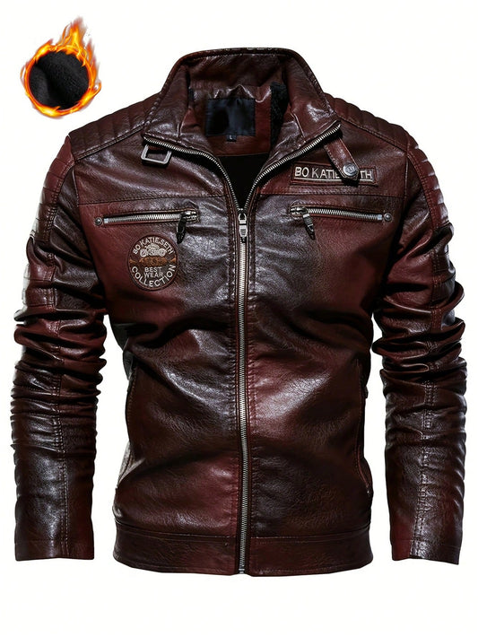 Men Letter Patched Zip Up PU Leather Jacket Burgundy