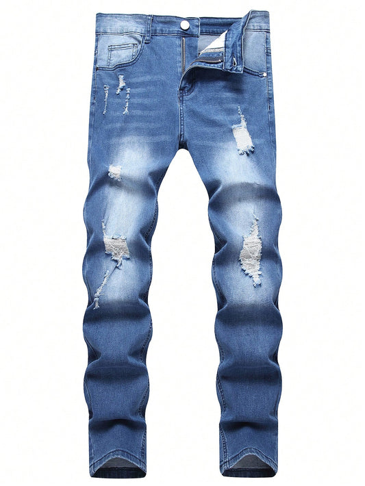 Men's Fashionable Casual Distressed Washed Skinny Fit Jeans Blue