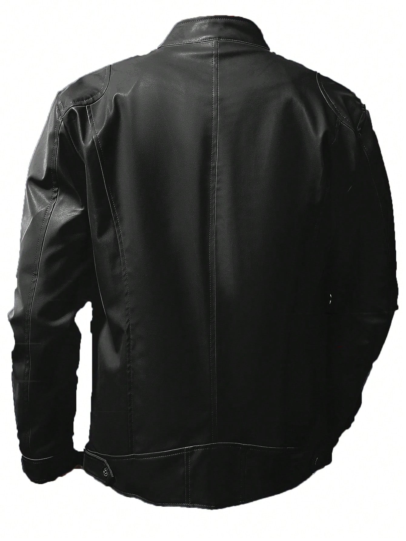 Men's Stand Collar Fitted Faux Leather Jacket With Zipper Pockets, Motorcycle Style Black