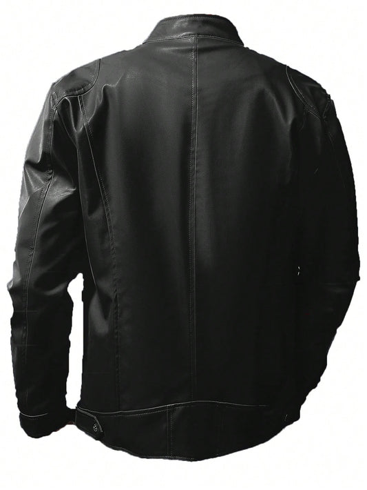 Men's Stand Collar Fitted Faux Leather Jacket With Zipper Pockets, Motorcycle Style Black